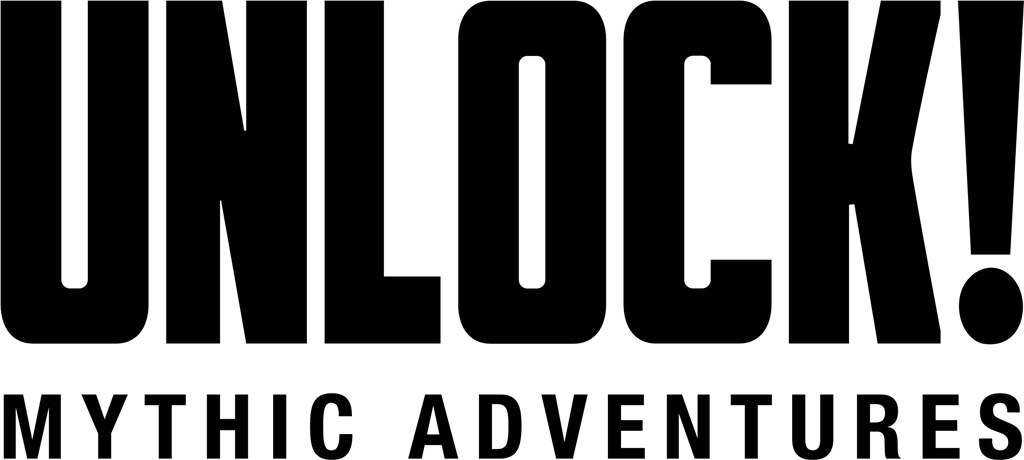 Der Text "UNLOCK! MYTHIC ADVENTURES" wird in fetten schwarzen Buchstaben auf weißem Hintergrund angezeigt.