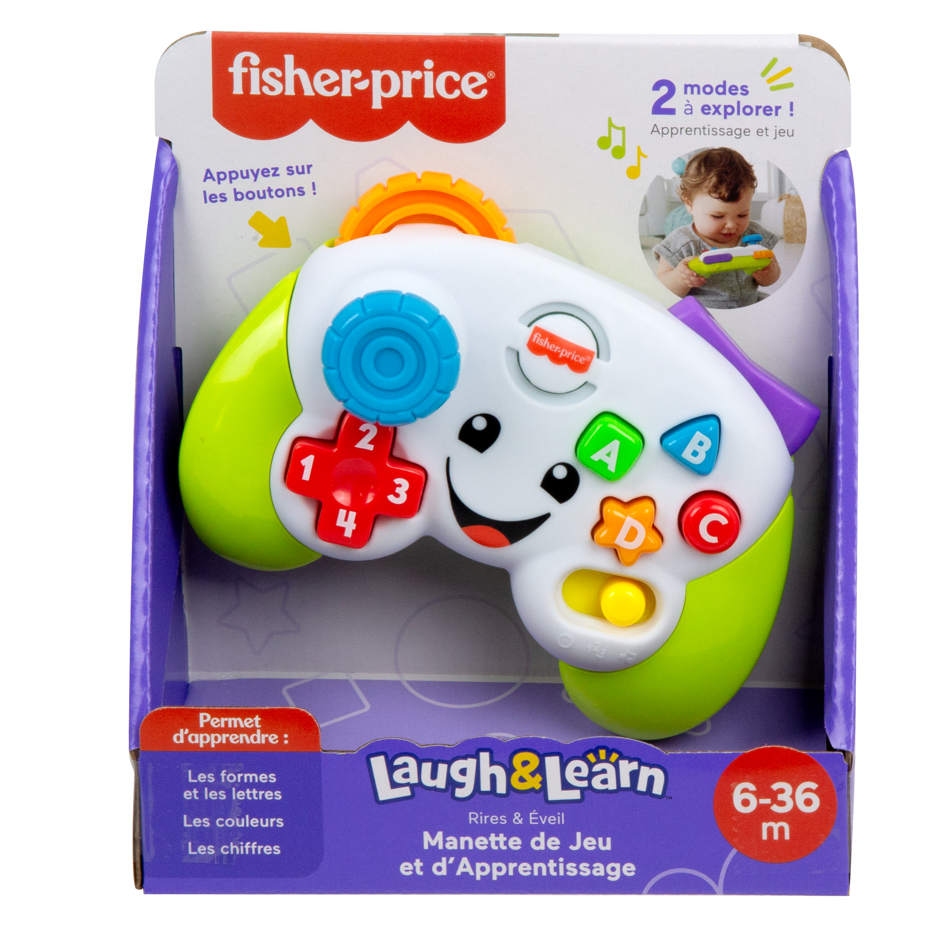 Controller giocattolo educativo Fisher-Price in confezione, con pulsanti, numeri e lettere.