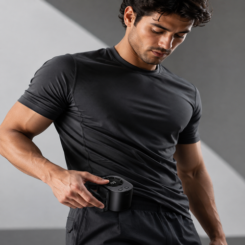 Un hombre con camiseta negra sostiene un aparato negro con pantalla digital.