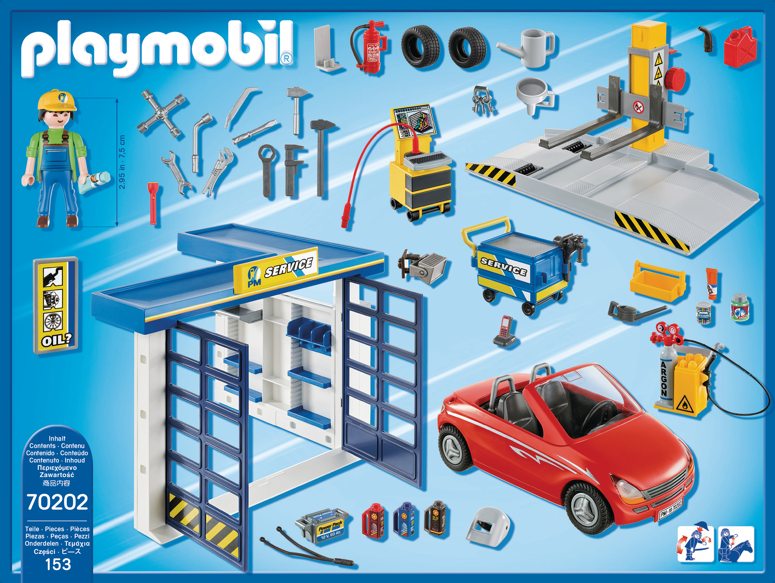 Officina Playmobil con auto, attrezzi, sollevatore e accessori.