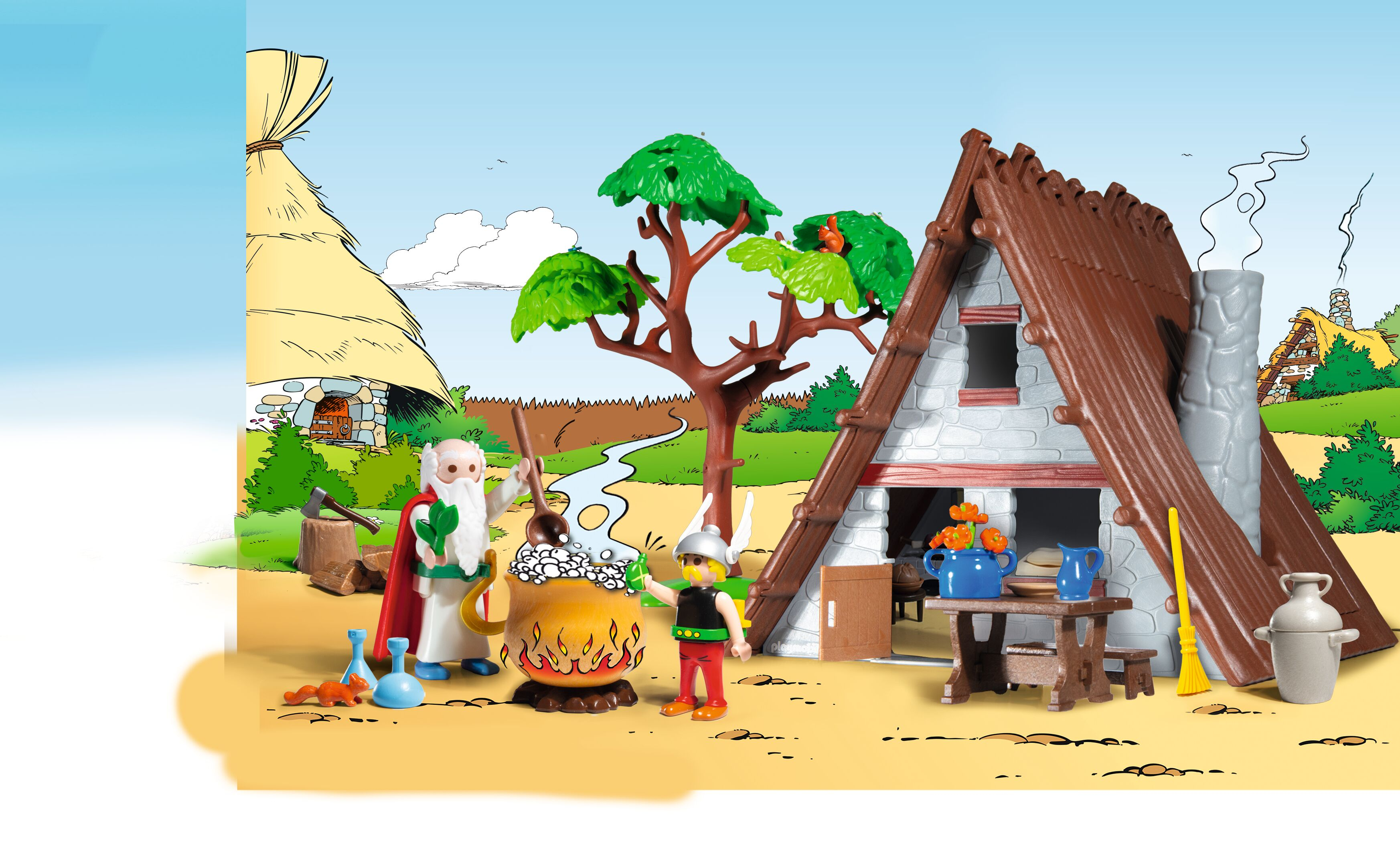 Zwei Figuren kochen in einem gro zu Hause, eine mit langem weiem Bart.