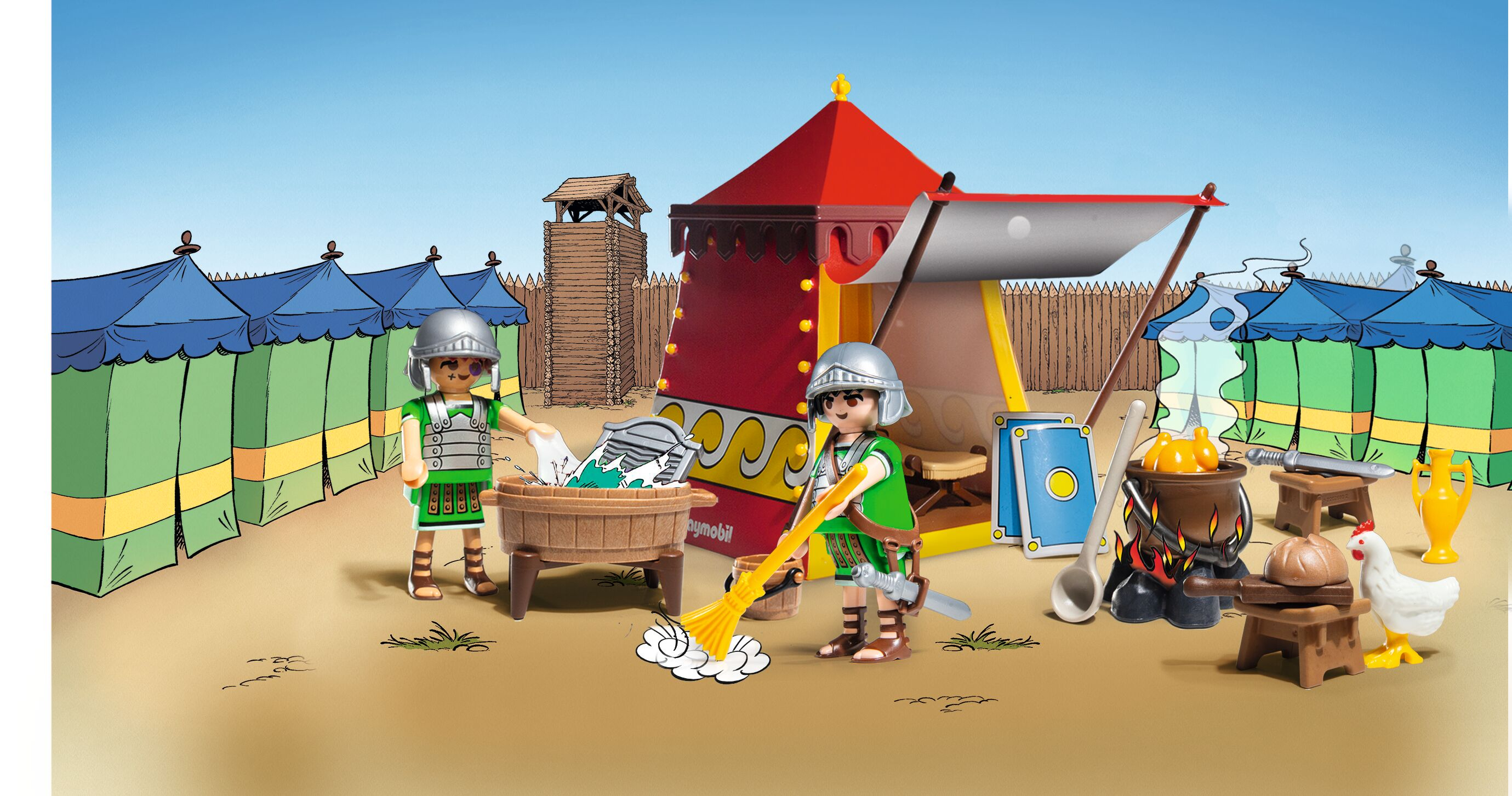 Römerlager mit Zelten, Wachturm und Soldaten bei der Arbeit.