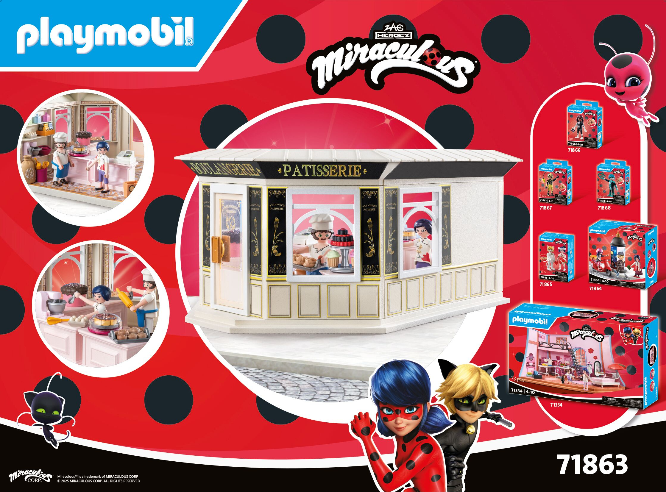 Playmobil-set met Miraculous-figuren en een bakkerijscène.