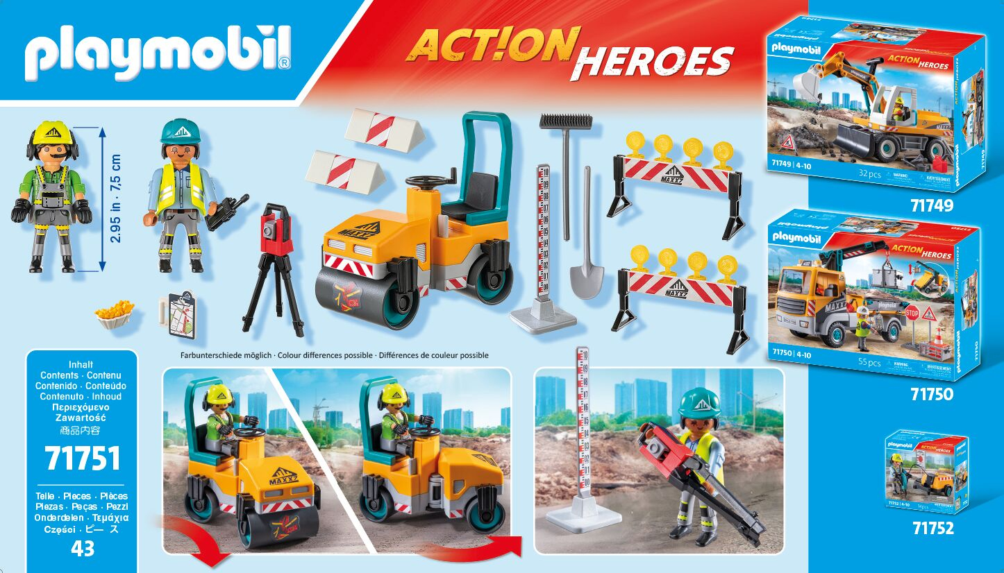 Playmobil Action Heroes Bauset mit Straßenwalze, Figuren und Zubehör.