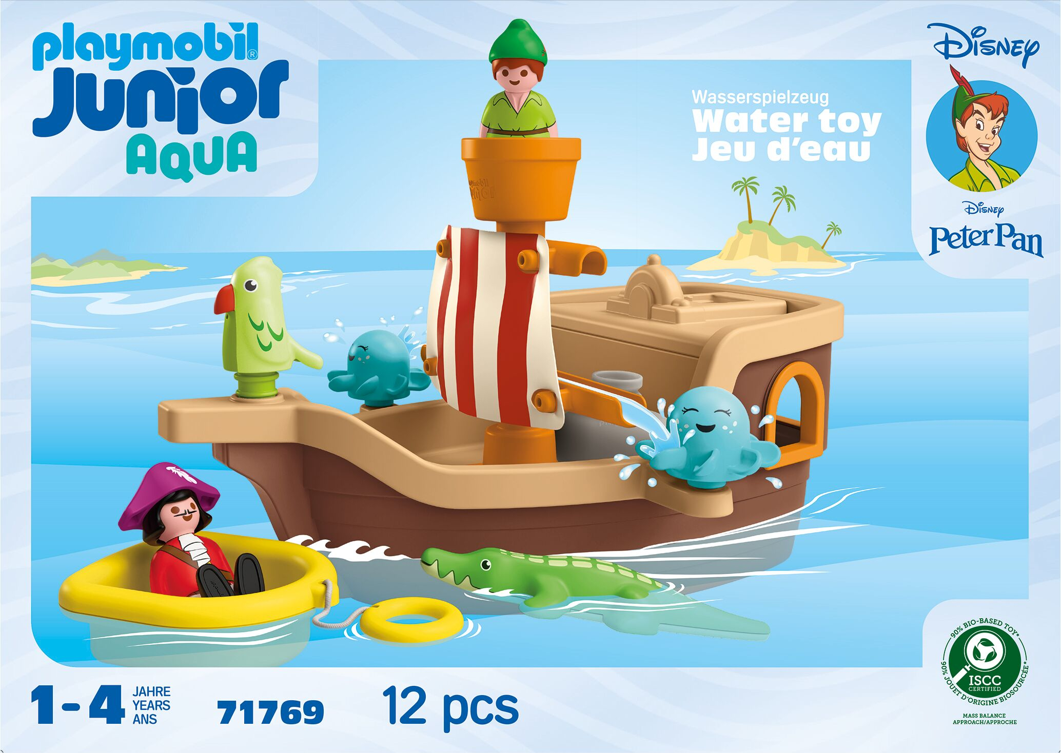 Juguete acuático Playmobil Peter Pan: Pirata, loro, delfines, cocodrilo en un barco.