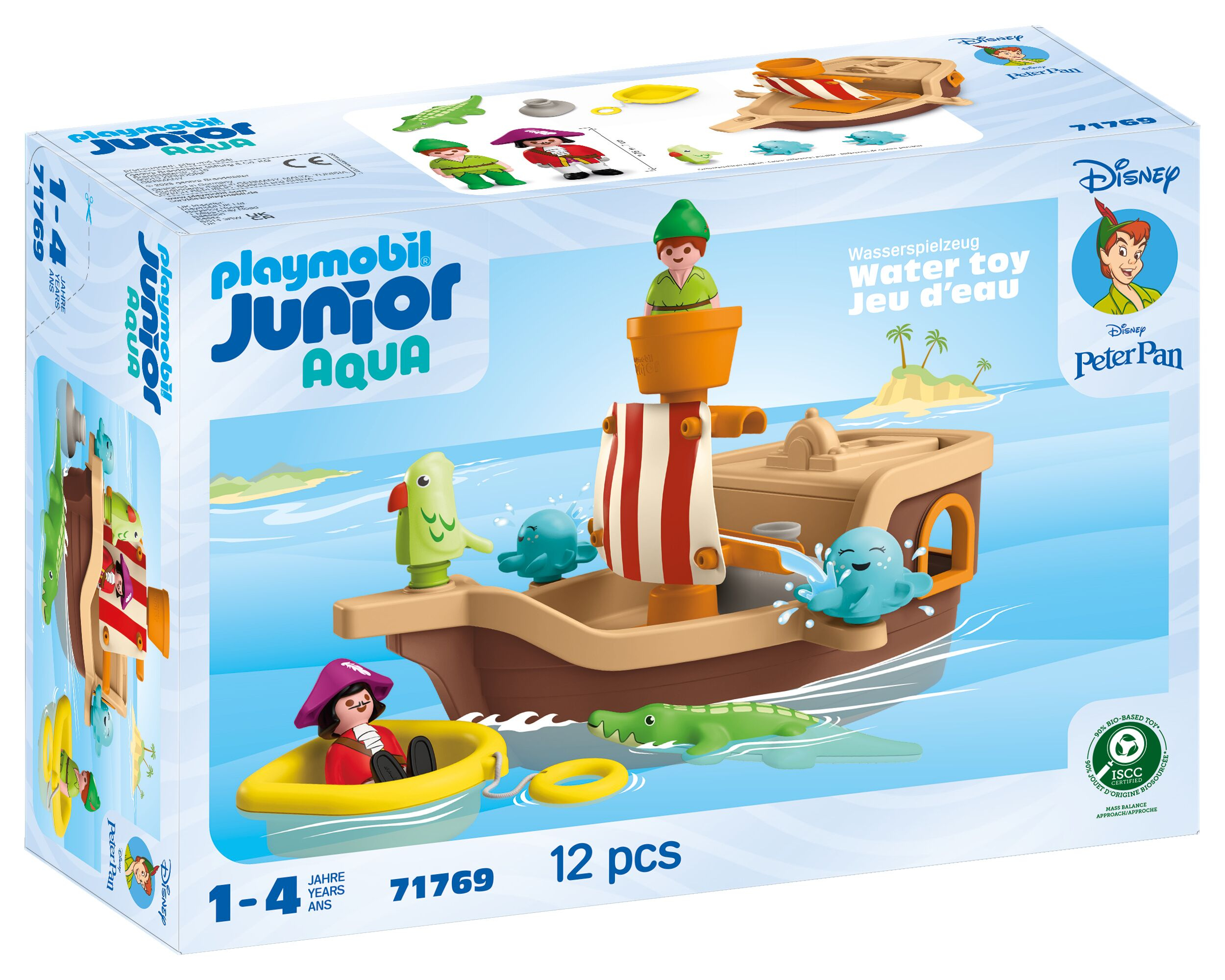Juguete acuático Playmobil Peter Pan con barco, figuras, cocodrilo y loro.