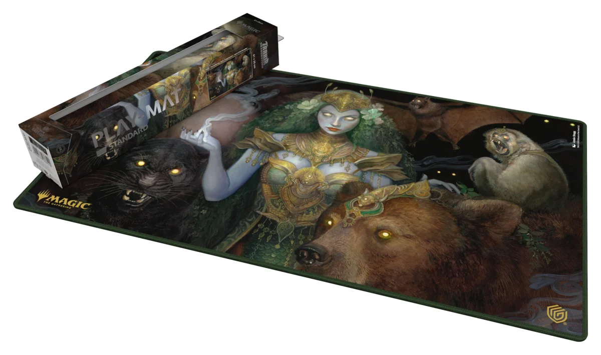 Ein Spielbrett mit einer blauhäutigen Frau, einem Bären, einem Panther und Fledermäusen.