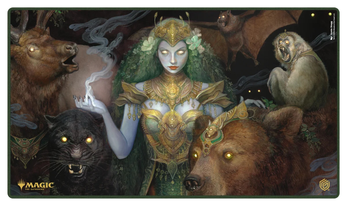 Eine Frau mit grünen Haaren und goldener Rüstung, umgeben von Tieren wie einem Hirsch, Panther, Bär, Fledermaus und Affe.