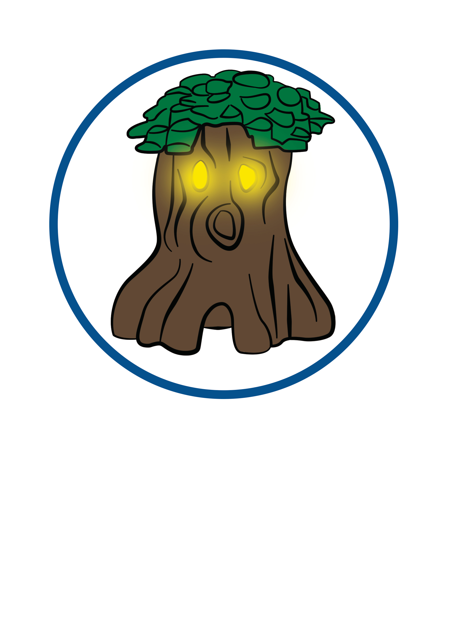 Ein Cartoon-Baumstumpf mit leuchtenden Augen und einem Blattkopf in einem blauen Kreis.