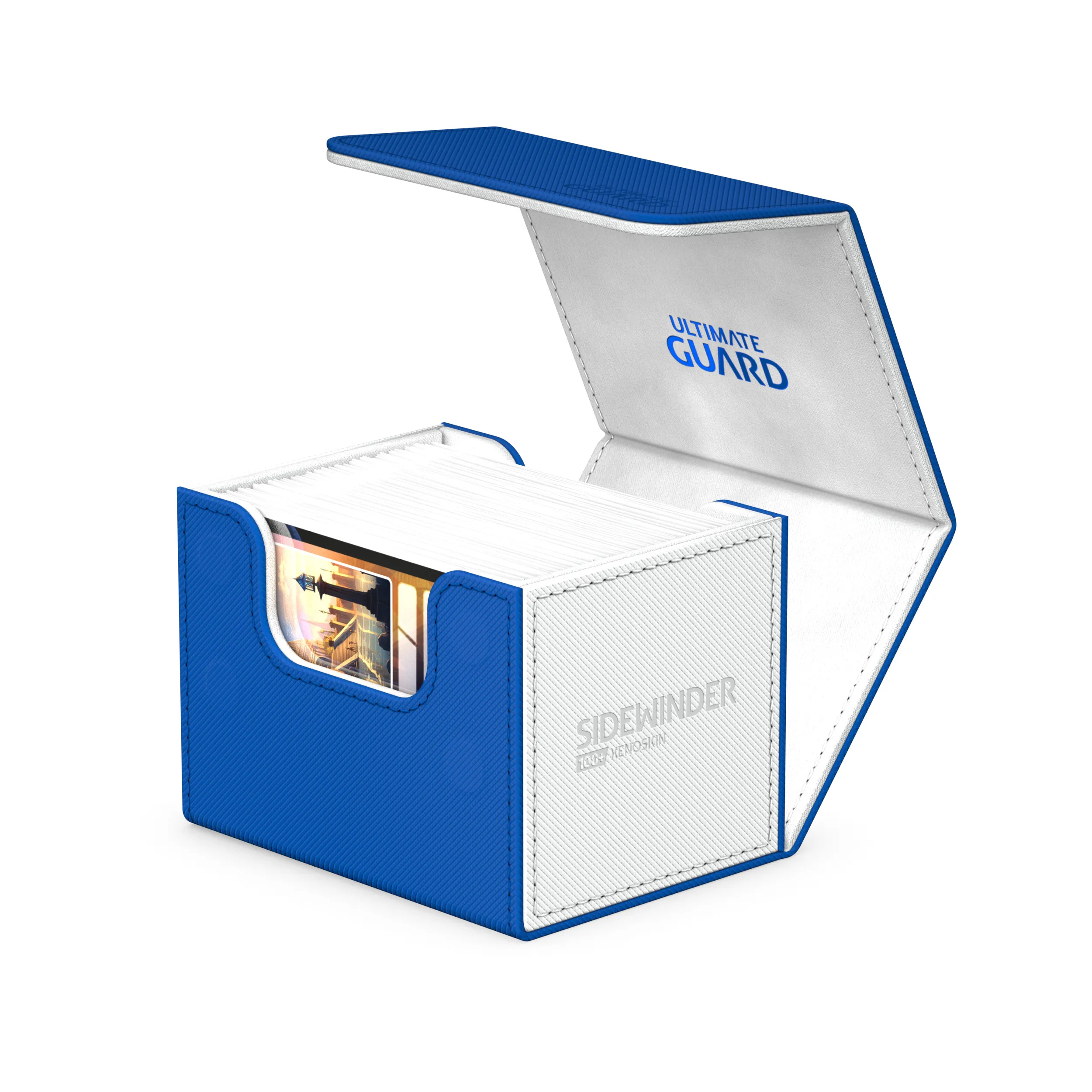 Una scatola per carte blu con fodera bianca e coperchio aperto.