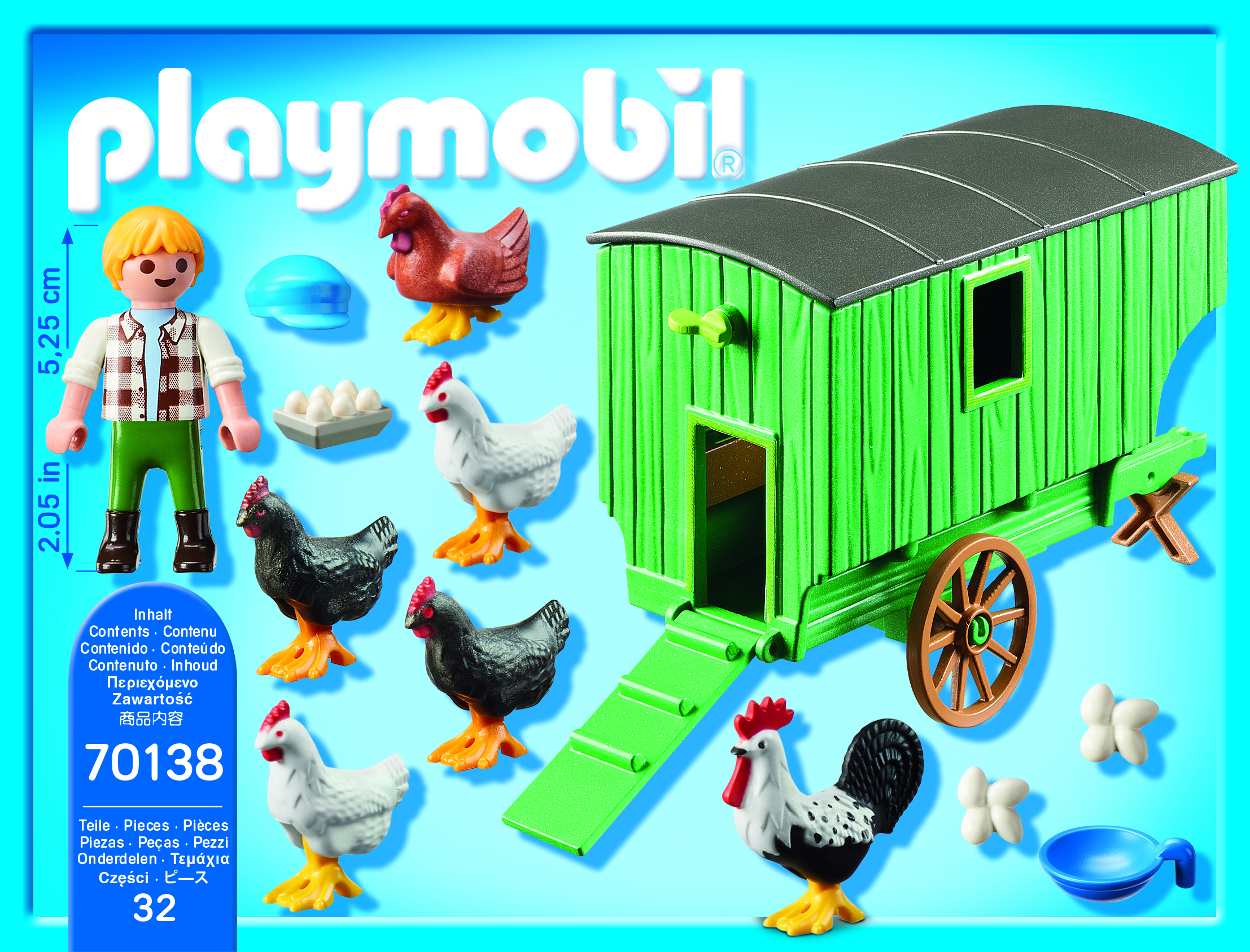 Set fattoria Playmobil con uomo, galline, carro e uova.