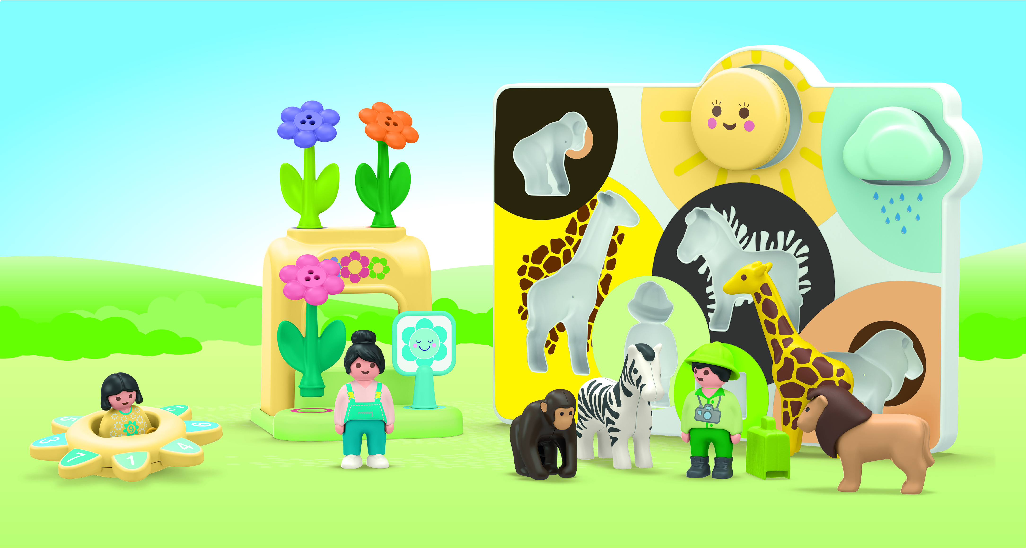 Animales de juguete y figuras en un paisaje verde con flores y elementos climáticos.