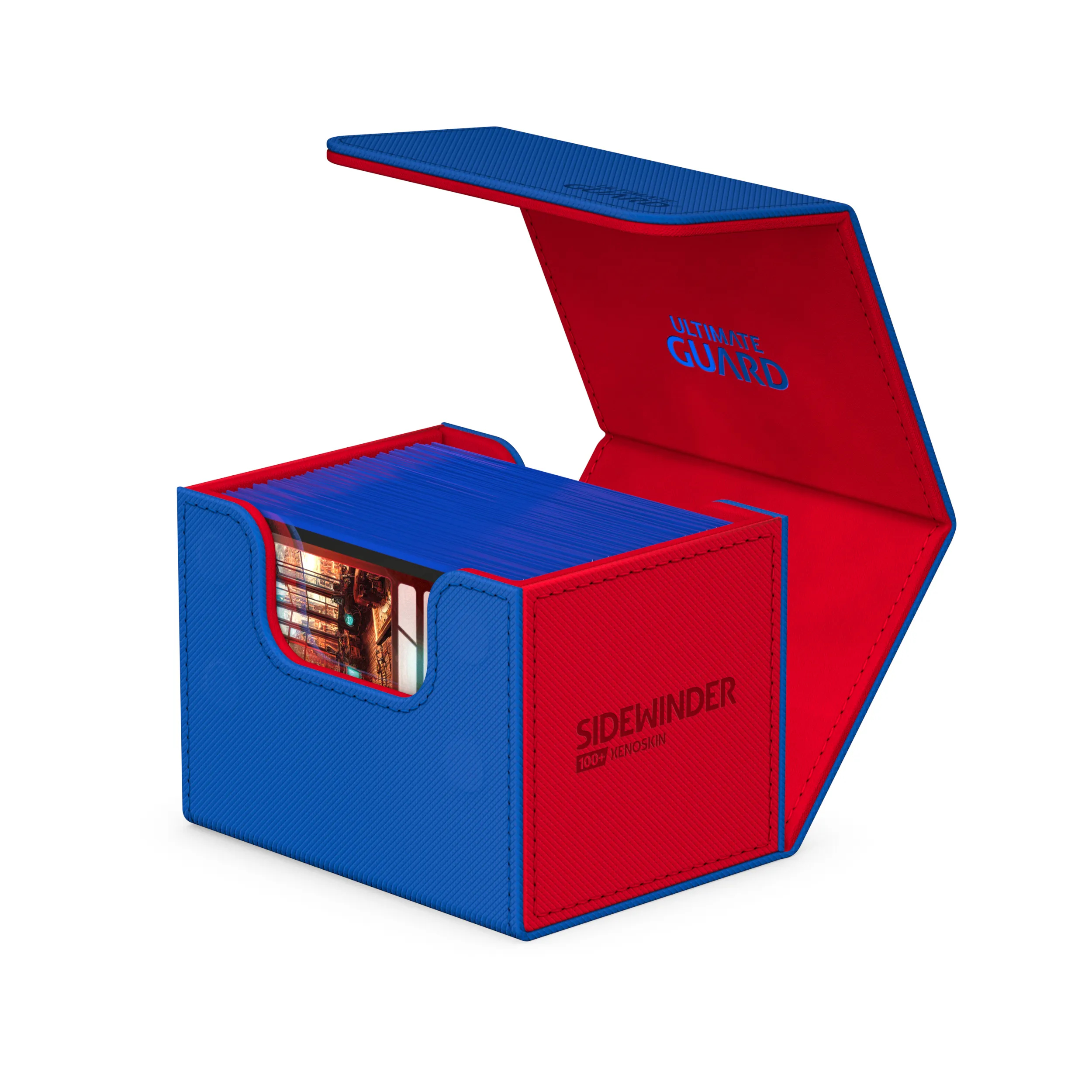 Una scatola per carte rossa e blu con il coperchio aperto, piena di carte blu.