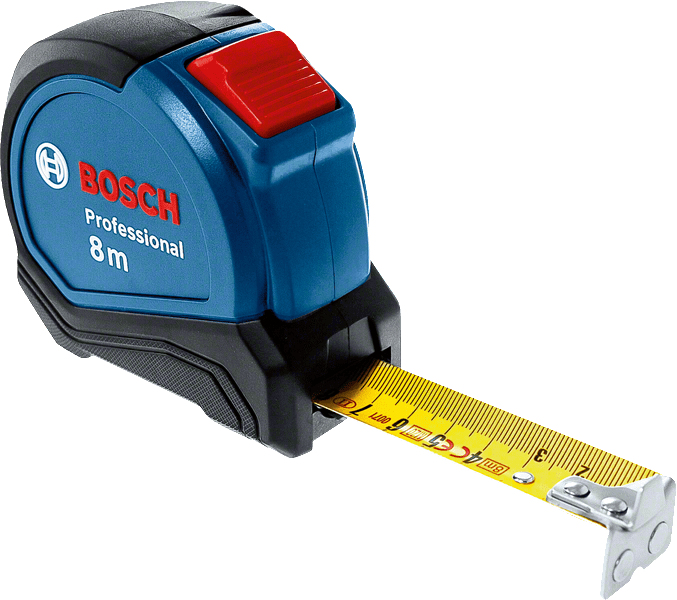 Ein blaues Bosch Maßband mit rotem Knopf und ausgefahrenem Band.