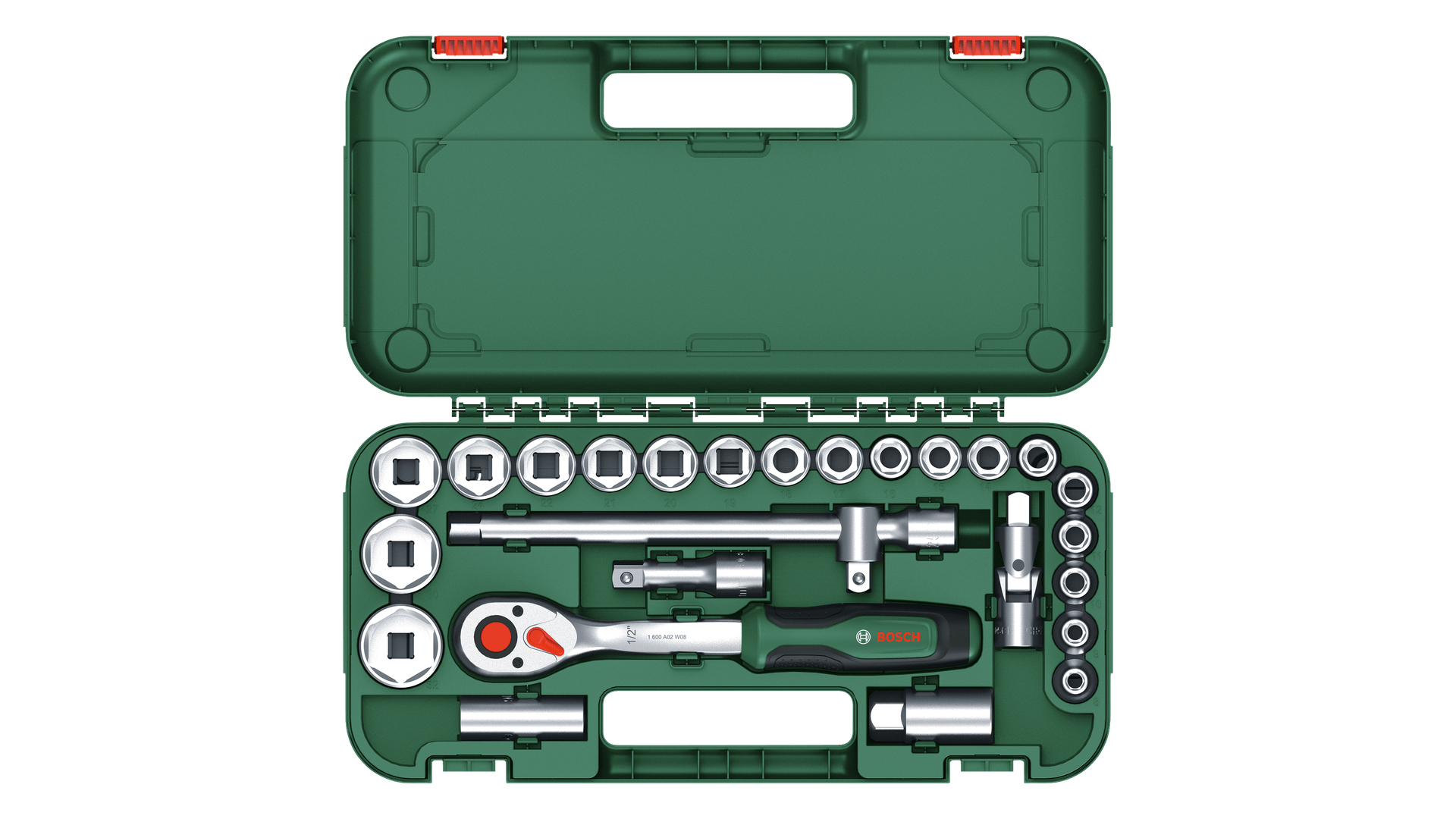 Una valigetta verde aperta con un set di chiavi a bussola Bosch e accessori.