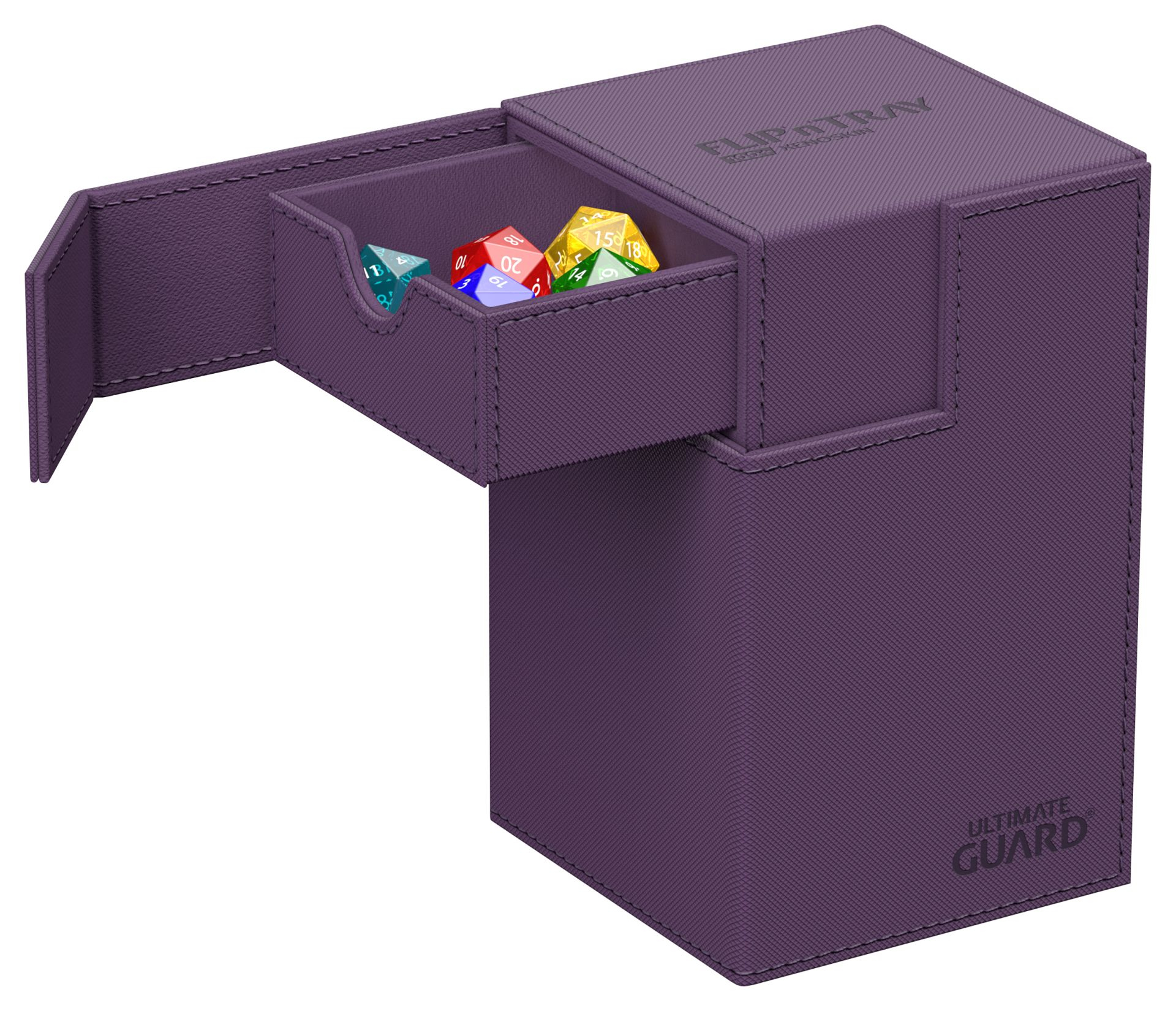 Portadadi viola con scomparto aperto contenente dadi colorati.