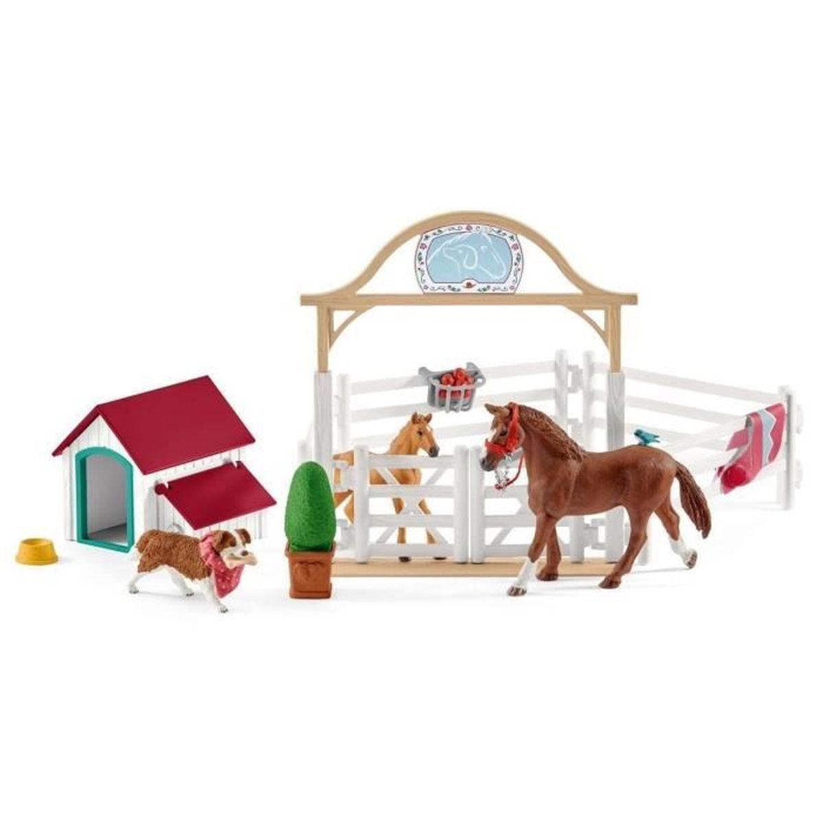 Pferde, Hund, Stall und Zubehör auf weißem Hintergrund.