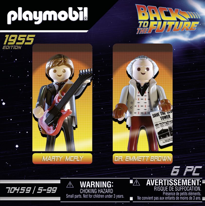 Action figure Playmobil di Marty McFly con chitarra e Doc Brown con giornale.