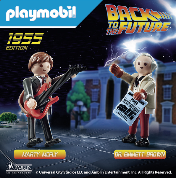 Action figure Playmobil di Marty McFly con chitarra e Dr. Emmett Brown con giornale.