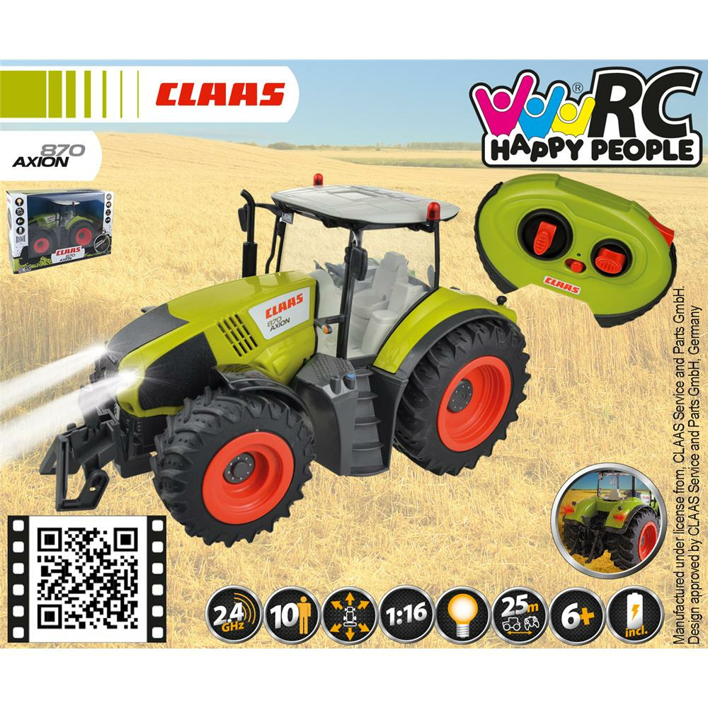Un tractor de juguete verde con control remoto en un campo.