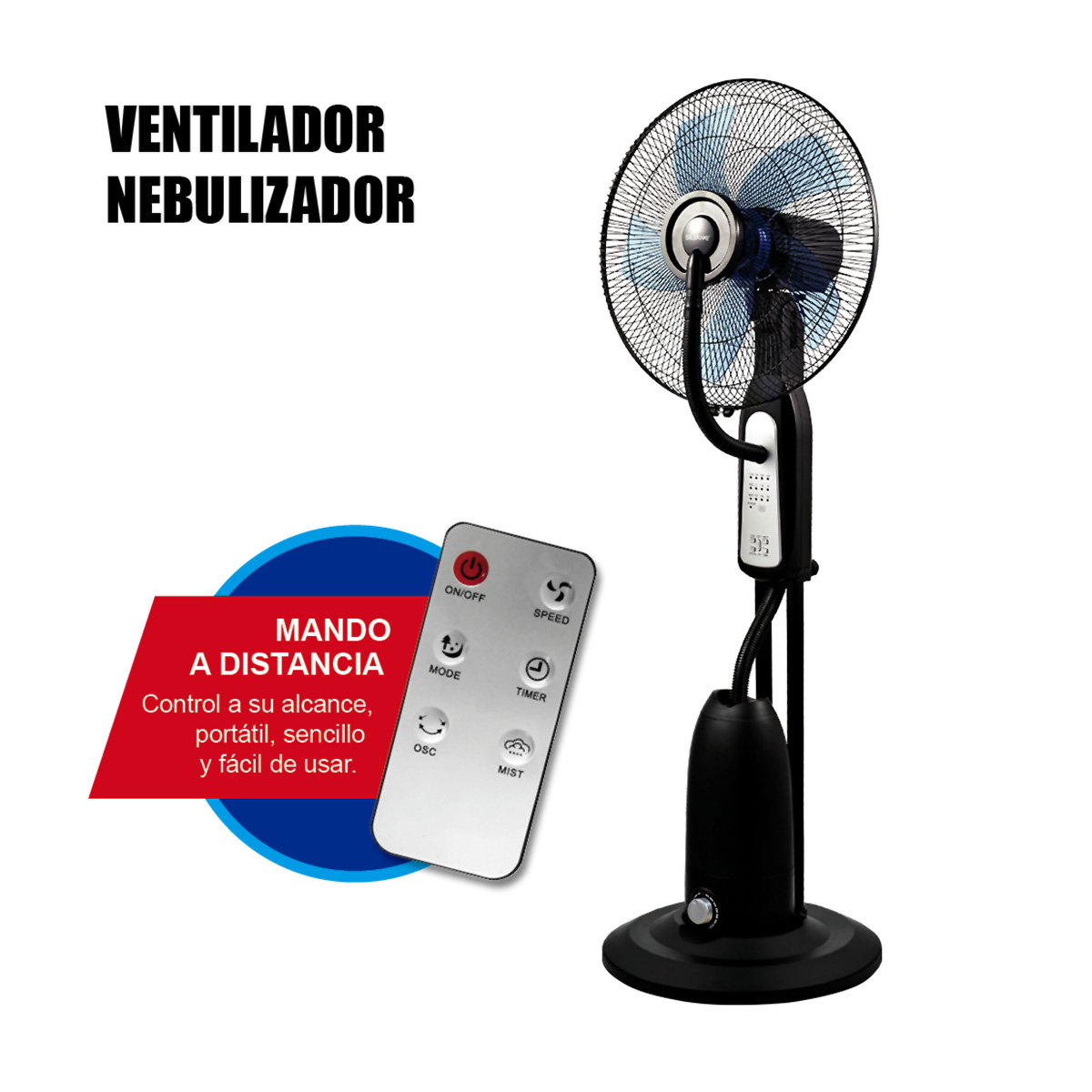 Un ventilador nebulizador negro con mando a distancia y aspas azules.