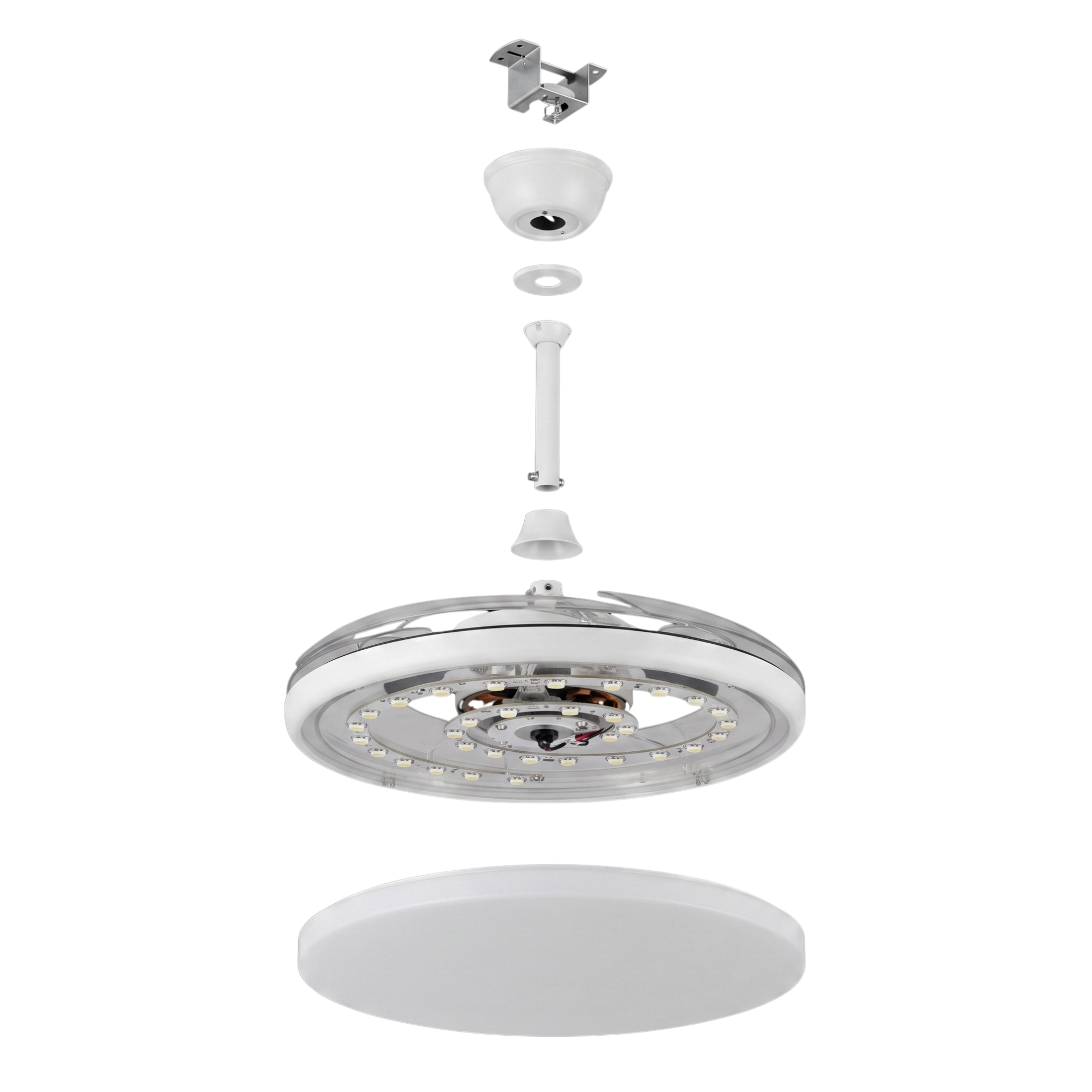 Luz de ventilador de techo desmontada con anillo LED, varilla, dosel y soporte.