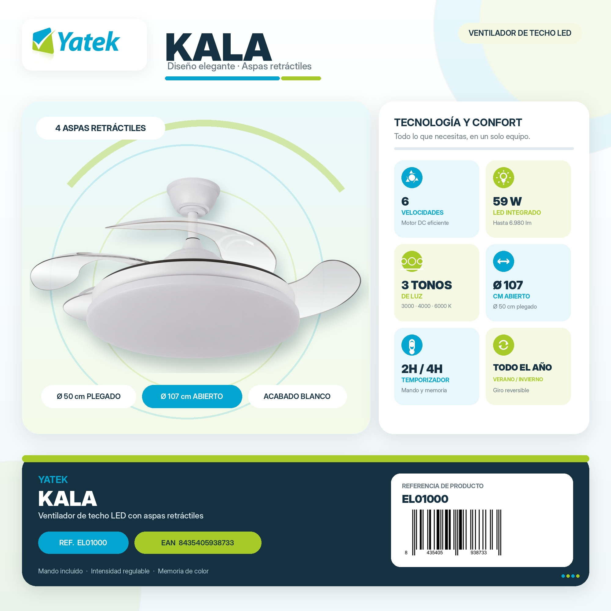 Un ventilador de techo blanco con aspas retráctiles, llamado "Kala" de "Yatek," mostrando sus características y detalles del producto.
