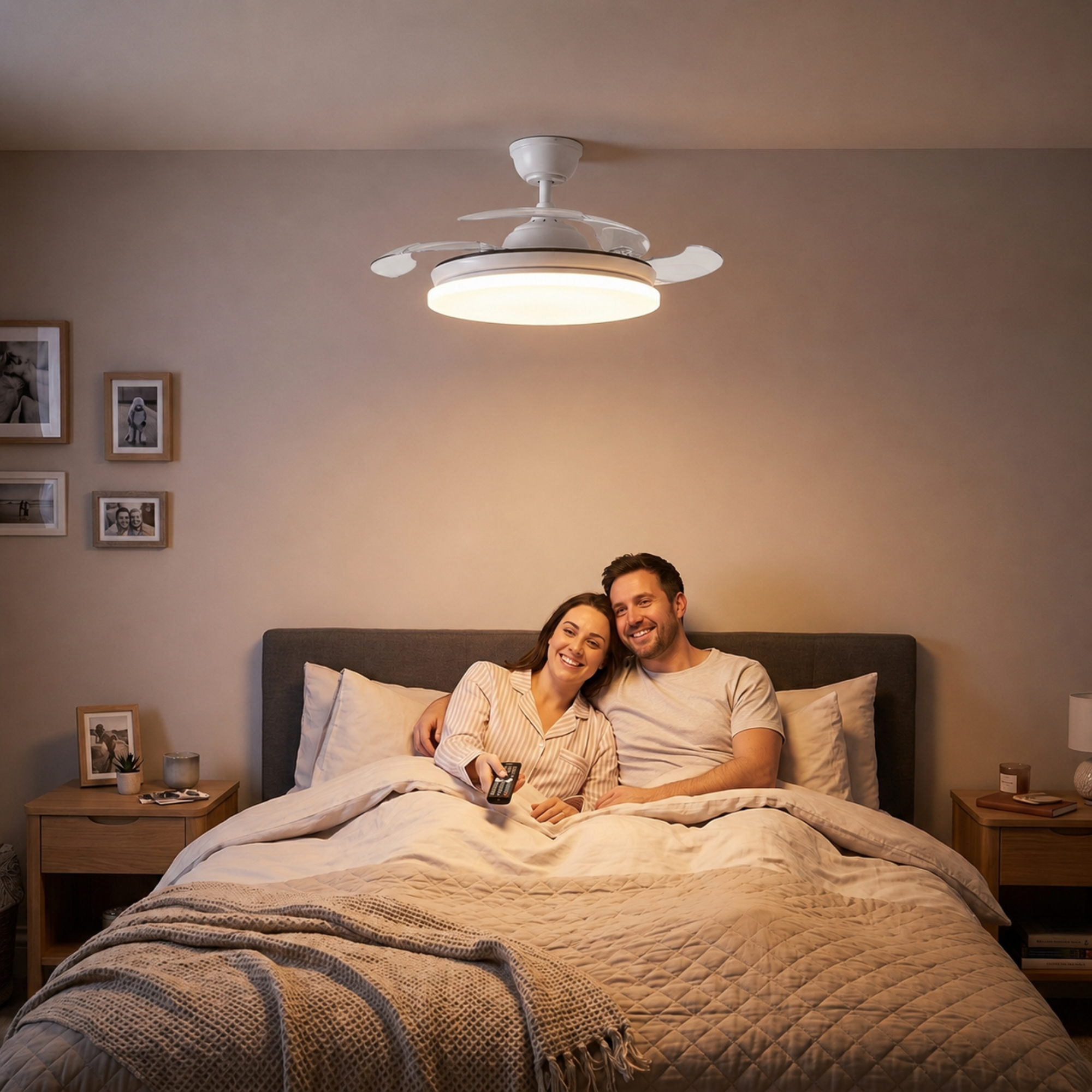 Una pareja está en la cama bajo una manta. Encima de ellos cuelga un ventilador de techo blanco con luz.