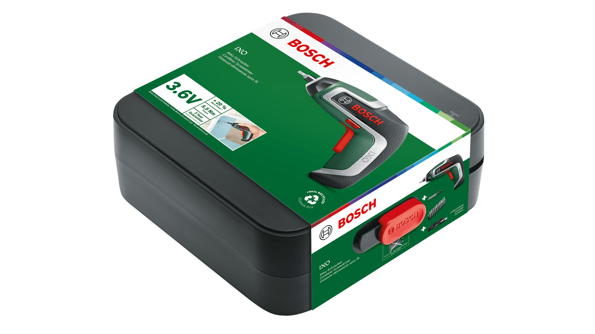 Una caja negra con un destornillador inalámbrico Bosch IXO y accesorios en la tapa.