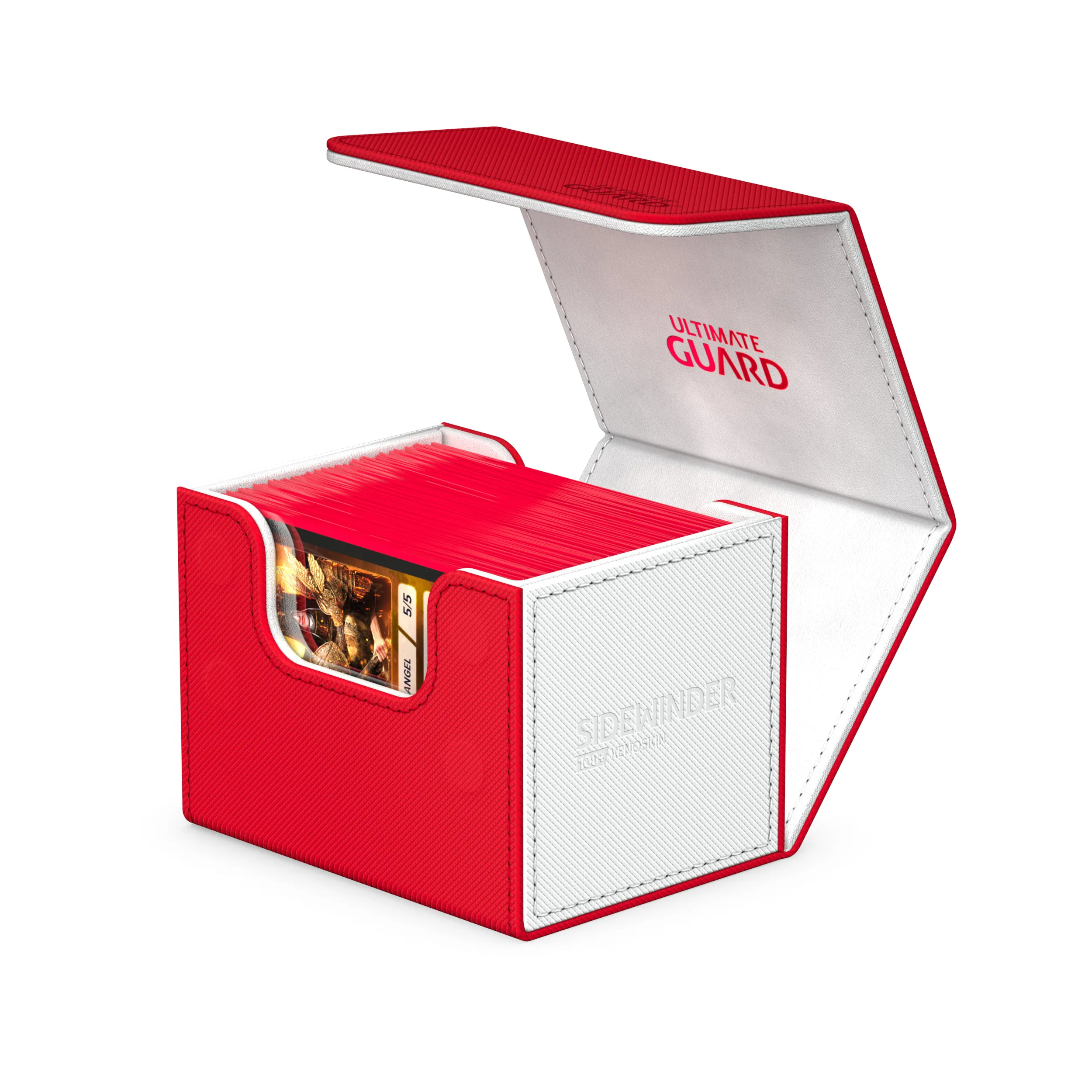 Scatola per giochi di carte rossa e bianca con coperchio aperto, piena di carte rosse.