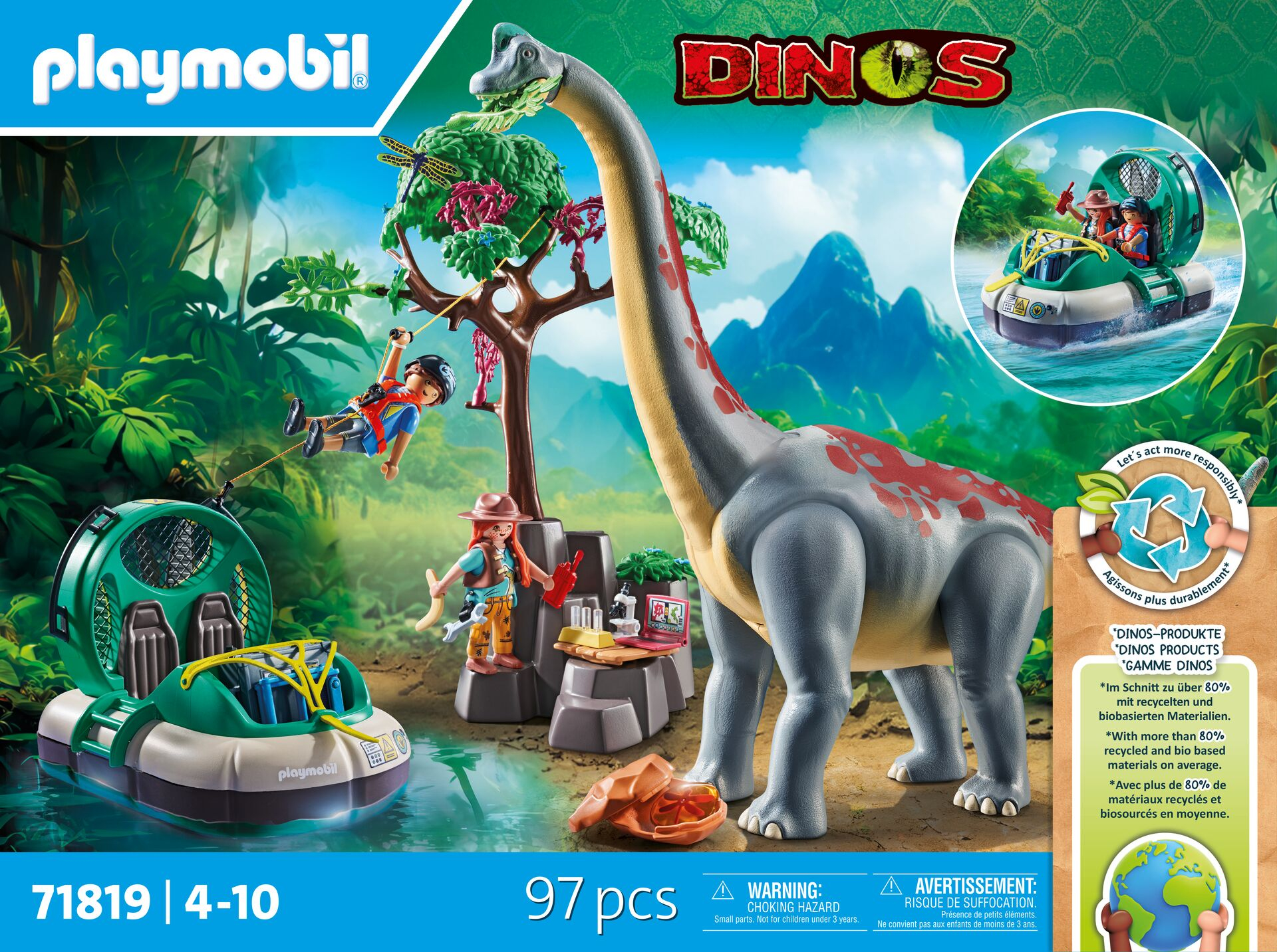Playmobil Dinos speelset met dinosaurus, hovercraft en figuren in een jungle setting.