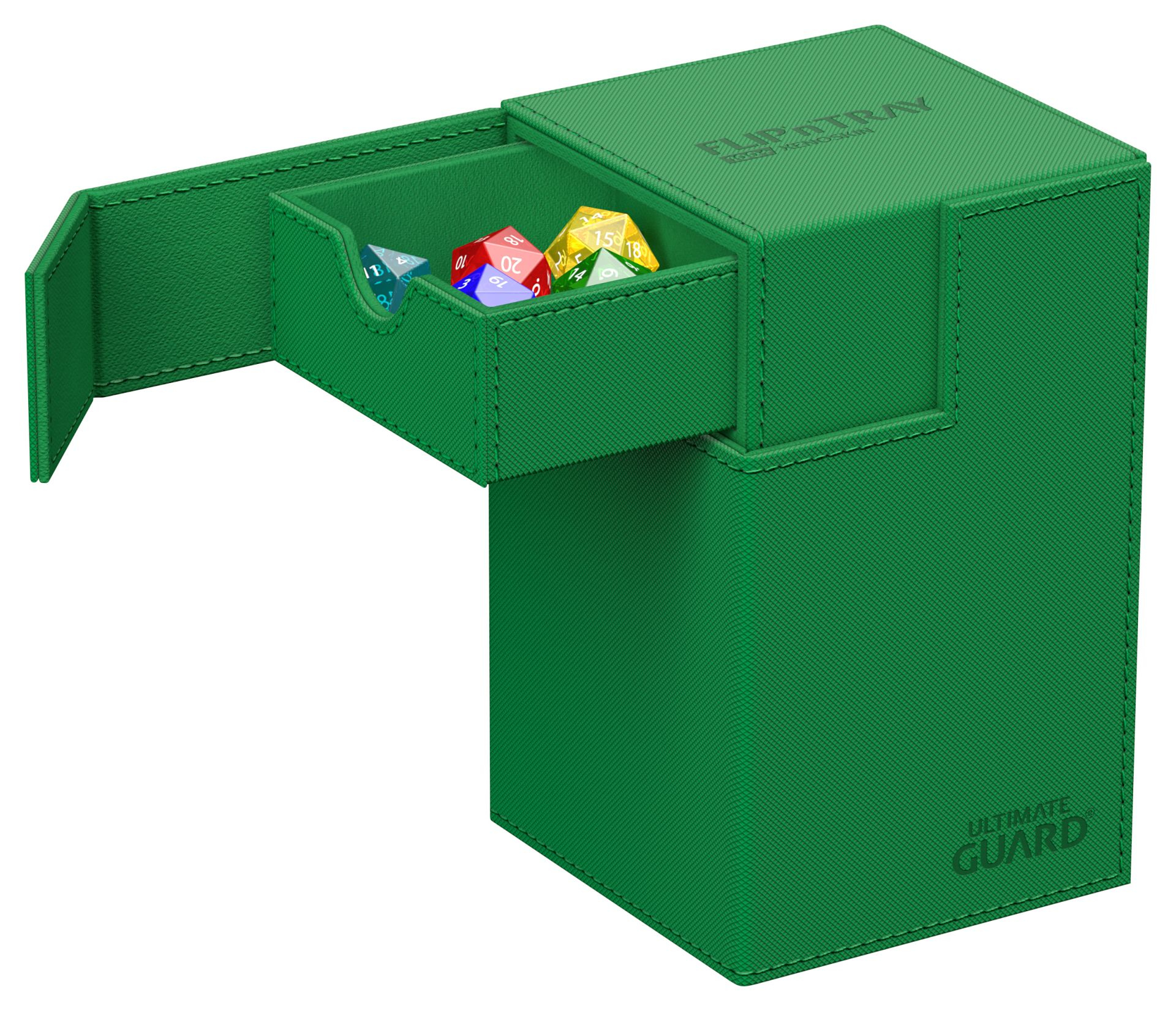 Scatola porta dadi verde con cassetto estraibile e dadi colorati.