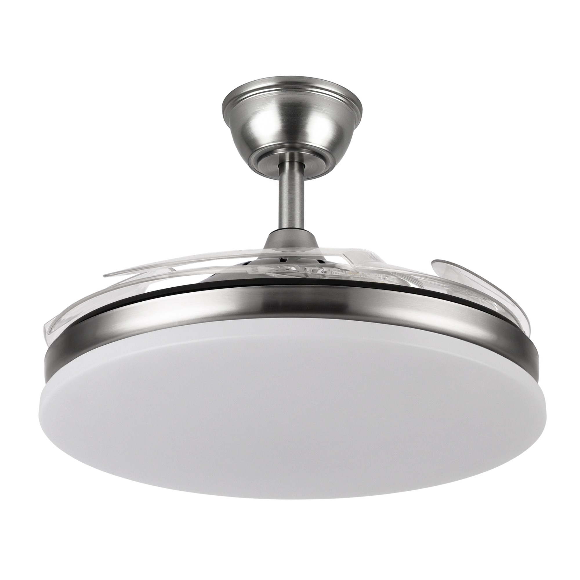 Un moderno ventilador de techo de níquel cepillado con aspas retráctiles transparentes y una luz LED blanca circular, en ángulo sobre fondo blanco.