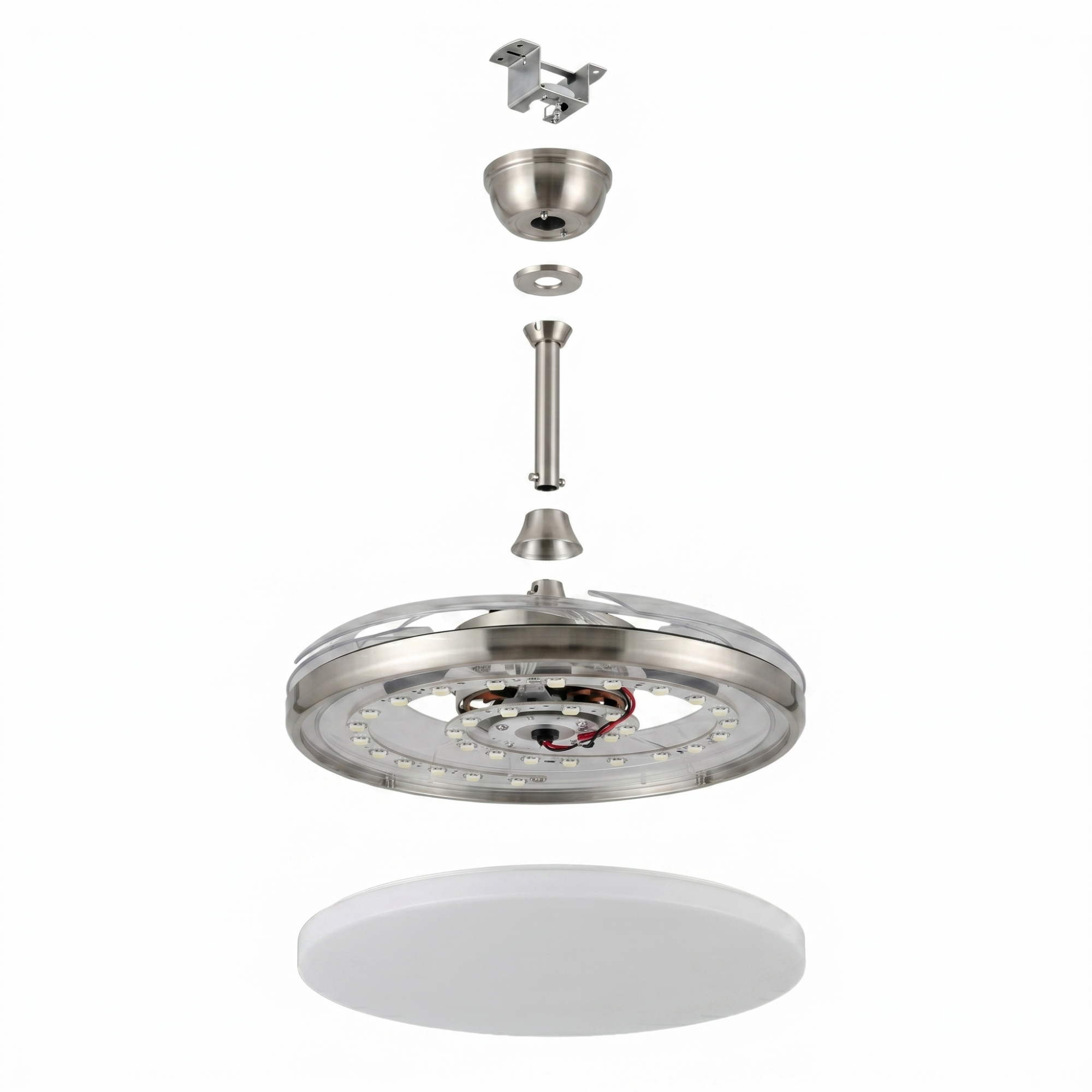 Partes de ventilador de techo desmontadas: soporte, dosel, varilla, ventilador y difusor.