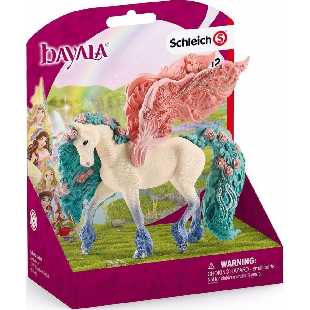 Ein Spielzeug-Einhorn mit rosa Flügeln und türkiser Mähne in einer Display-Verpackung.