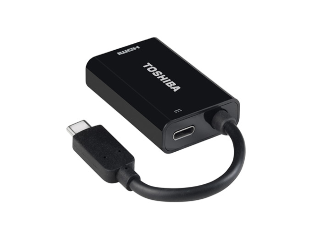 Czarny adapter Toshiba USB-C do HDMI z kablem i złączem.