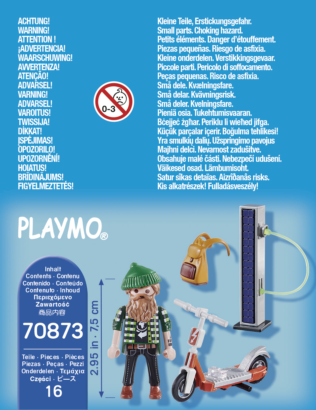 Playmobil Set mit Mann, Roller, Rucksack und Ladestation. Alter 0-3.
