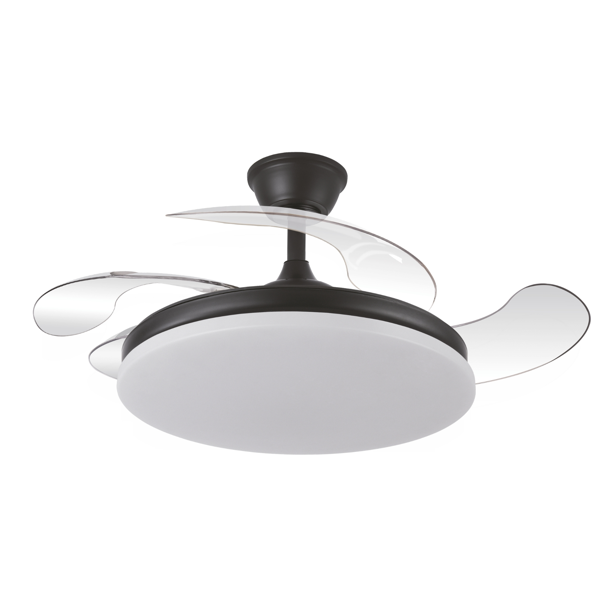 Ventilatore da soffitto marrone scuro con pale trasparenti retrattili e luce bianca.
