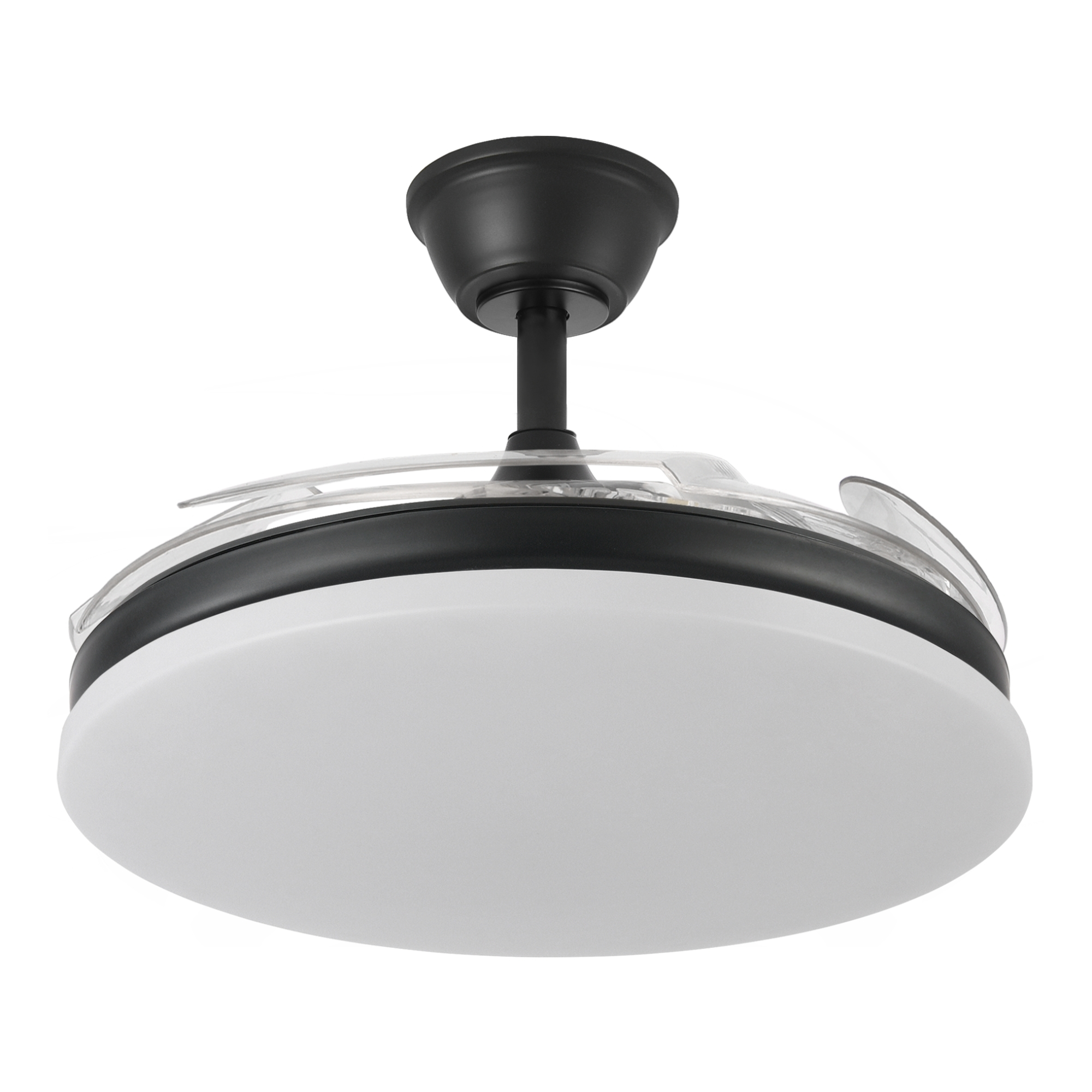 Un ventilatore da soffitto moderno con luce integrata, in bianco e nero.