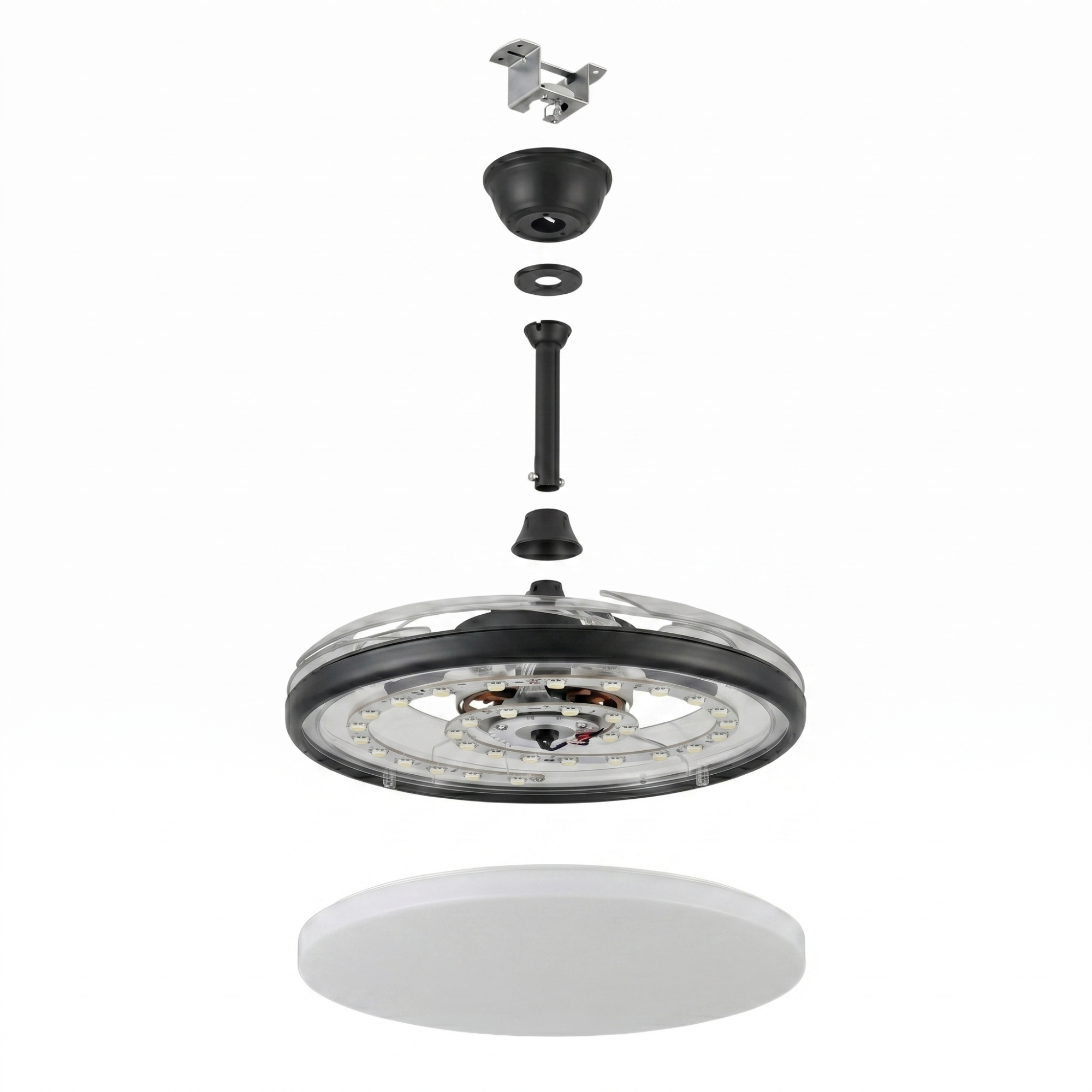 Parti del ventilatore da soffitto: staffa di montaggio, copertura nera, asta, ventola e diffusore.