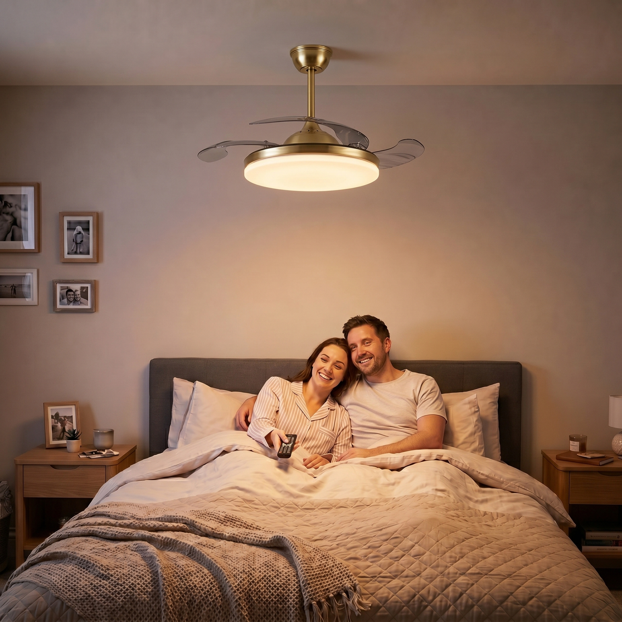 Una pareja se acurruca en la cama bajo una manta, con una lámpara de techo y ventilador encima.
