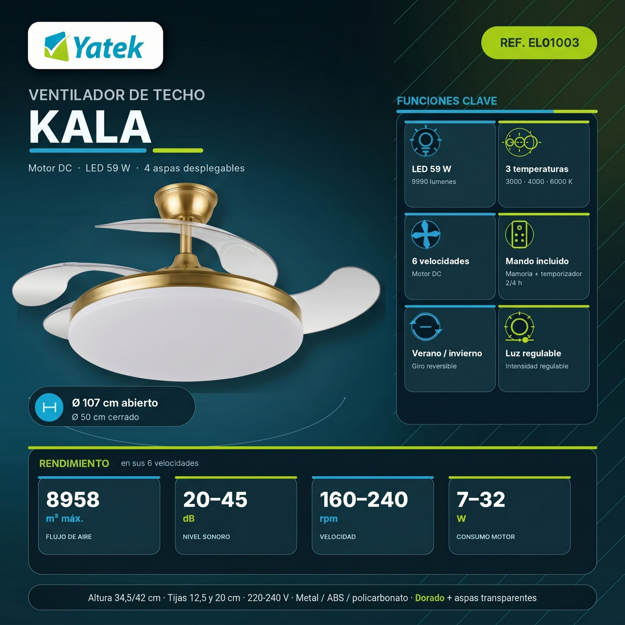 Ventilador de techo KALA con LED de 59W y 4 aspas desplegables, dorado.