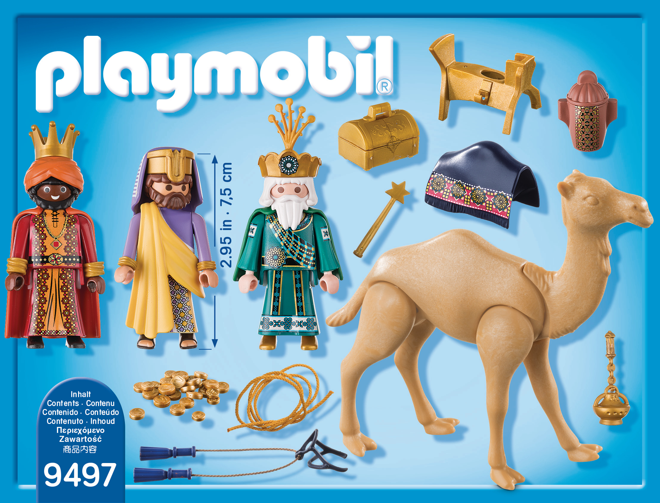 Figuras de Playmobil: camello, tres reyes, cofre del tesoro, varita de estrella, lámpara, cuerda.
