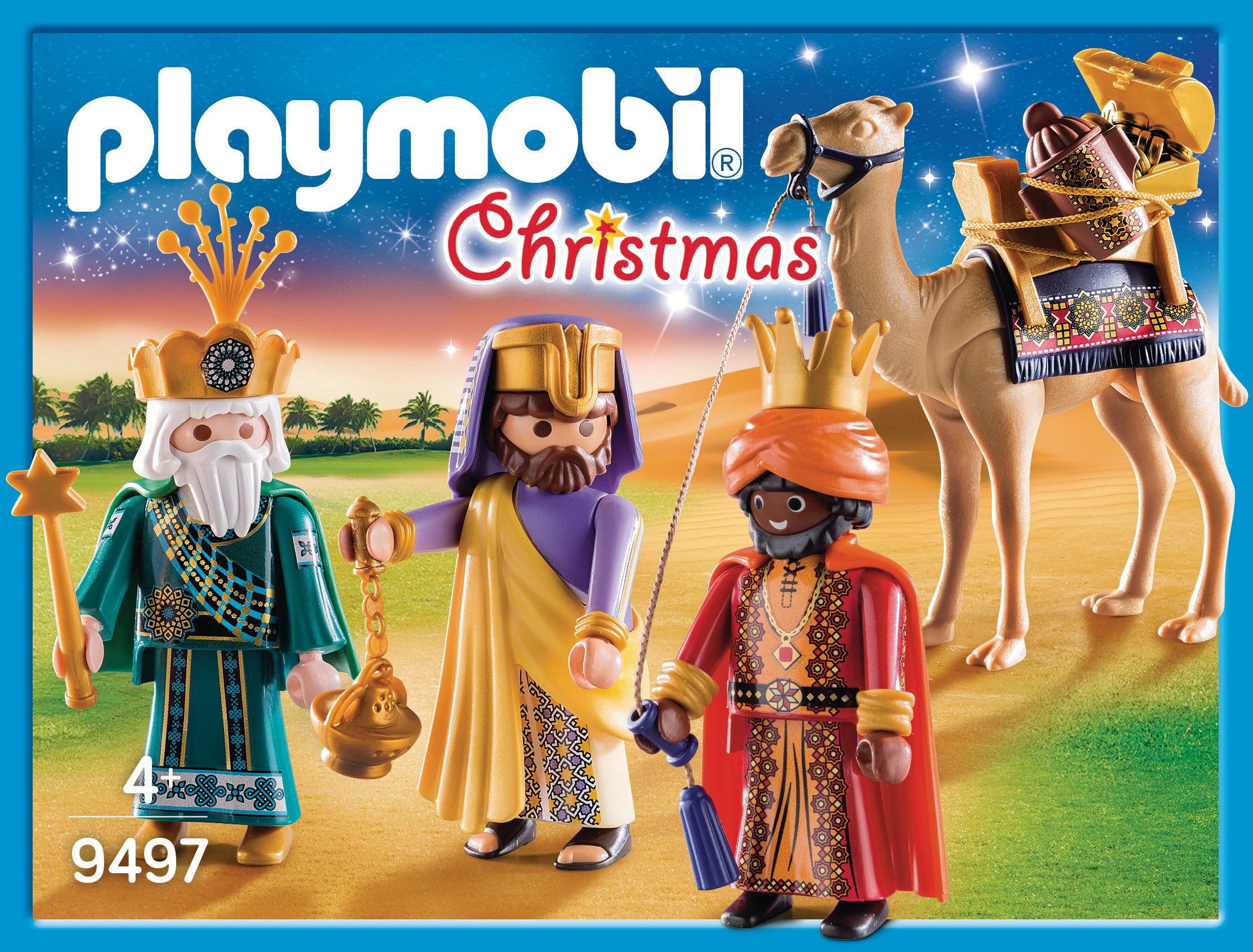 Set Playmobil de los Reyes Magos con camello, cofre del tesoro y tres figuras.