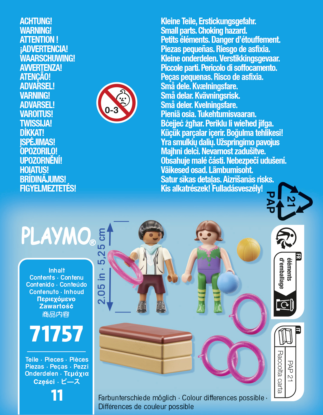 Playmobil-Verpackung mit zwei Figuren, einem Jungen und einem Mädchen, die rosa Ringe halten. Warnhinweise sind sichtbar.
