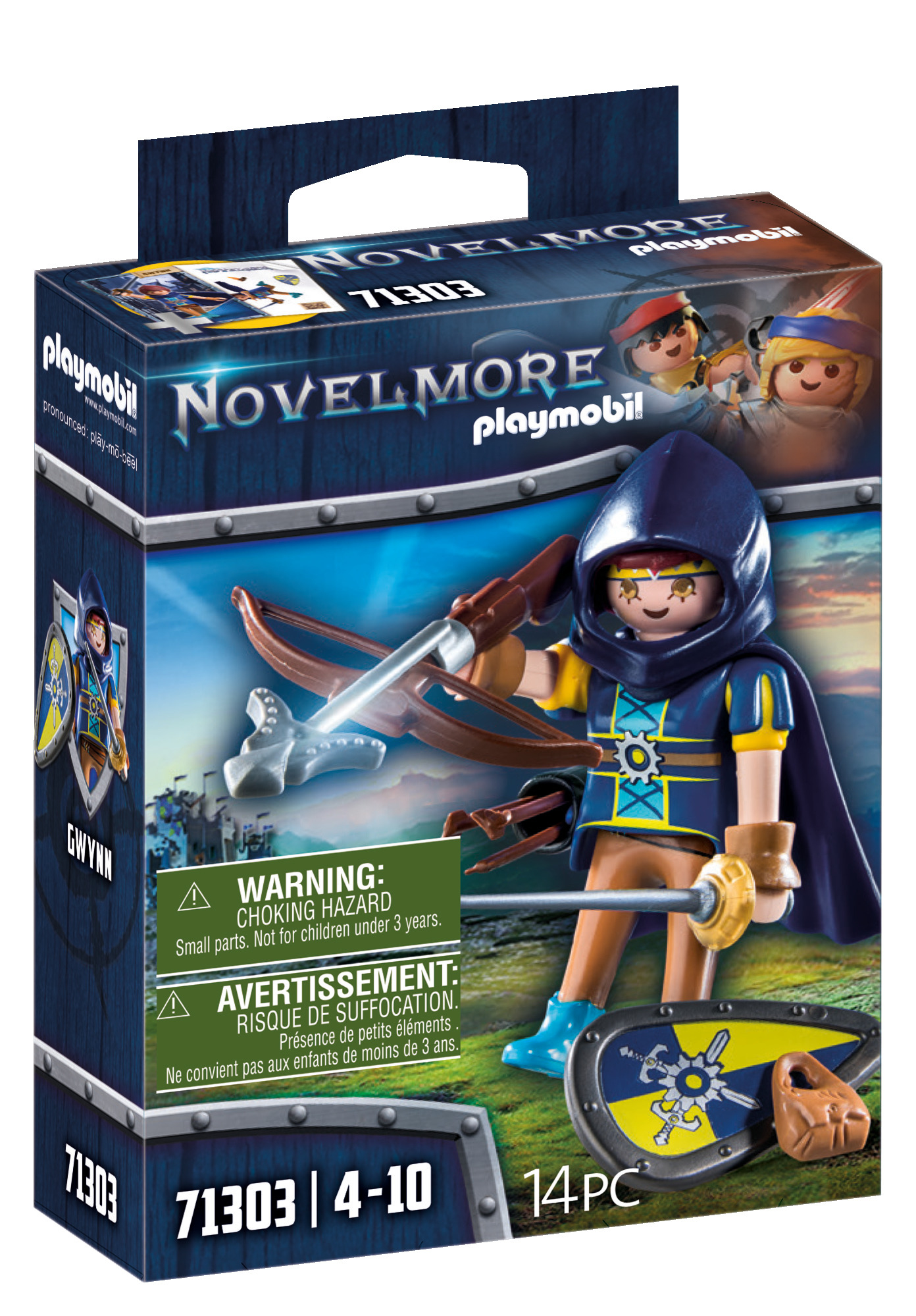Personaggio Playmobil con balestra, tunica blu, sfondo castello. 14 pezzi.