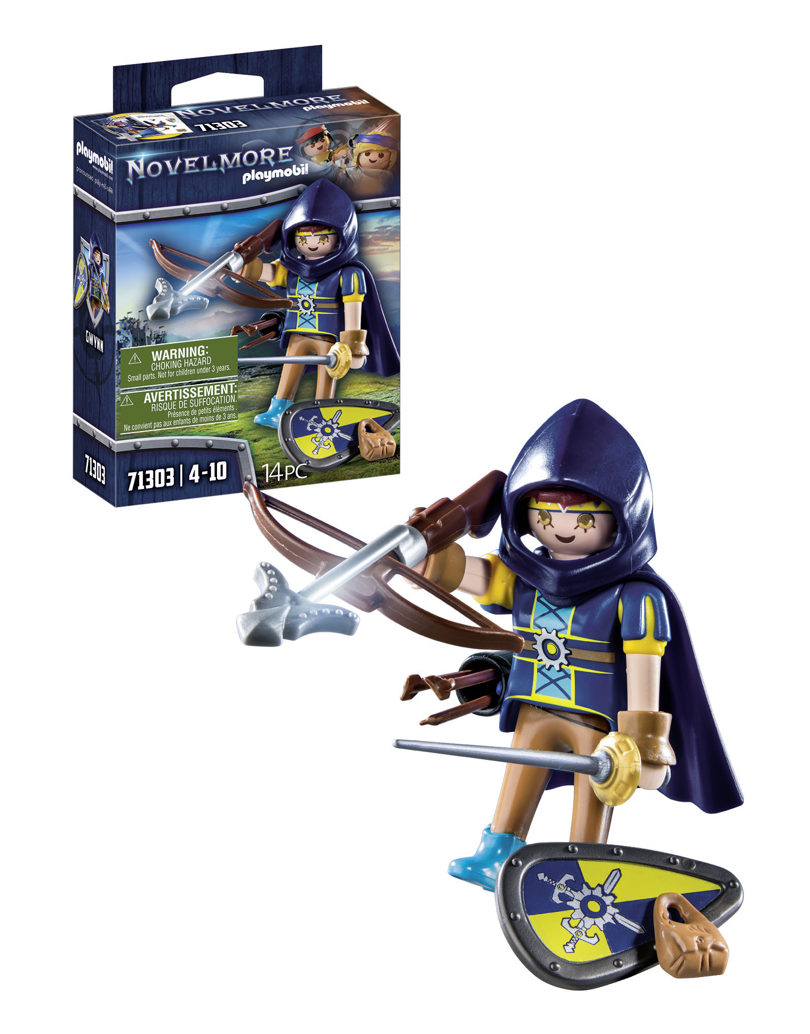 Personaggio Playmobil con balestra, scudo e sacca. Mantello blu, stemma giallo.