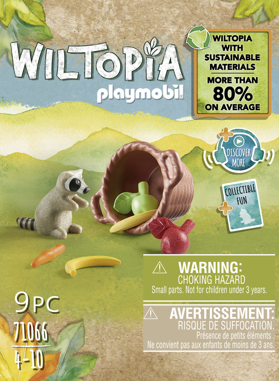 Ein Playmobil Wiltopia Set mit einem Waschbären, einem braunen Topf, einem grünen Blatt, einer gelben Banane, einer orangefarbenen Karotte und zwei roten Beeren auf grün-braunem Hintergrund.
