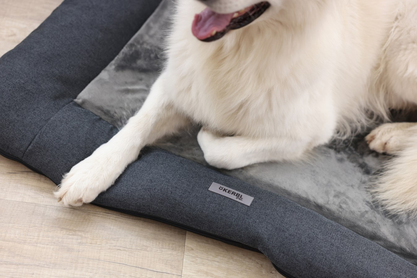 A white dog lies on a dark gray dog bed with a fur pattern.