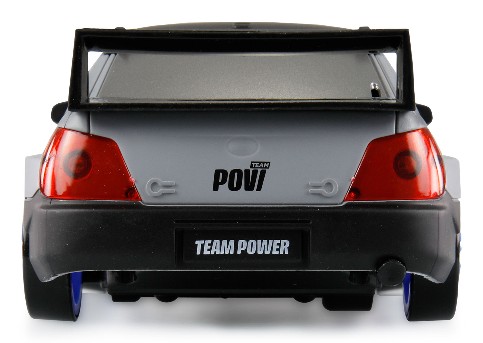 Rückansicht eines grauen Spielzeugautos mit schwarzem Spoiler, roten Rückleuchten und "TEAM POWER" auf der Stoßstange.